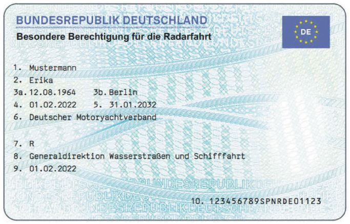 Anlage 29 Anlagen BinSchPersV - Vorderseite Muster für die besondere Berechtigung für Radar als gesonderte Karte bei Sportbootführerscheinen Anlage 29 Anlagen BinSchPersV - Vorderseite Muster für die besondere Berechtigung für Radar als gesonderte Karte bei Sportbootführerscheinen