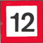 quadratische weiße Tafel mit rotem Rand und schwarzer Zahl zwölf