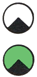 ein weißer Kreis mit einem schwarzen Rand mit einem schwarzen Dreieck mit der Spitze nach oben am unteren Rand über einem grünen Kreis mit einem schwarzen Dreieck mit der Spitze nach oben am unteren 