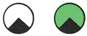 ein weißer Kreis mit einem schwarzen Rand mit einem schwarzen Dreieck mit der Spitze nach oben am unteren Rand neben einem grünen Kreis mit einem schwarzen Dreieck mit der Spitze nach oben am unteren
