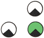 je ein weißer Kreis mit schwarzem Rand mit einem schwarzen Dreieck mit der Spitze nach oben am unteren Rand neben und über einem grünen Kreis mit einem schwarzen Dreieck mit der Spitze nach oben am u