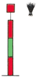 rote mit einem waagerechten grünen Band versehene Stange mit einem roten Zylinder oder einem Besen aufwärts als Toppzeichen