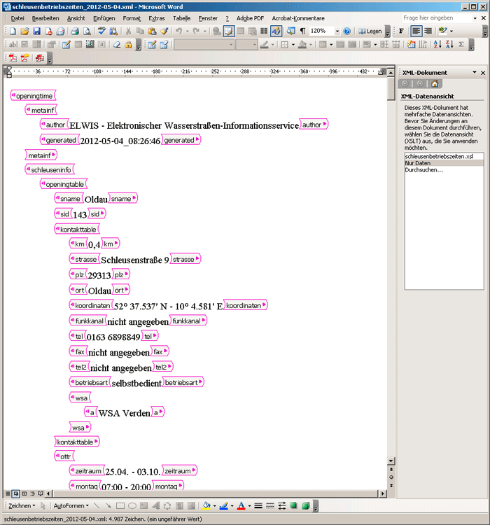 Ansicht der geöffneten XML-Datei in MS Word