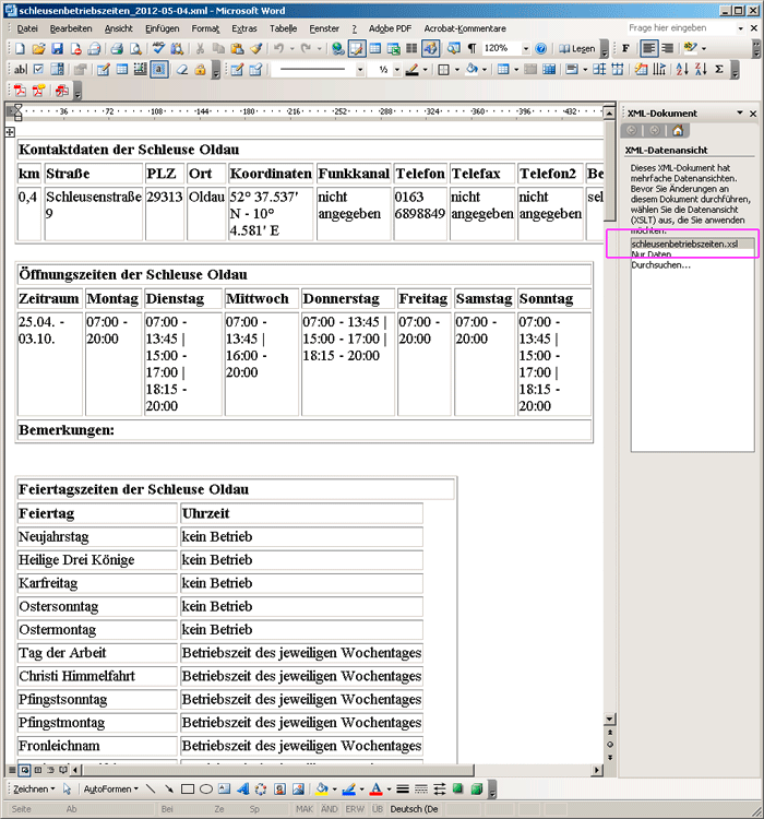 Ansicht der geöffneten XML-Datei in MS Word